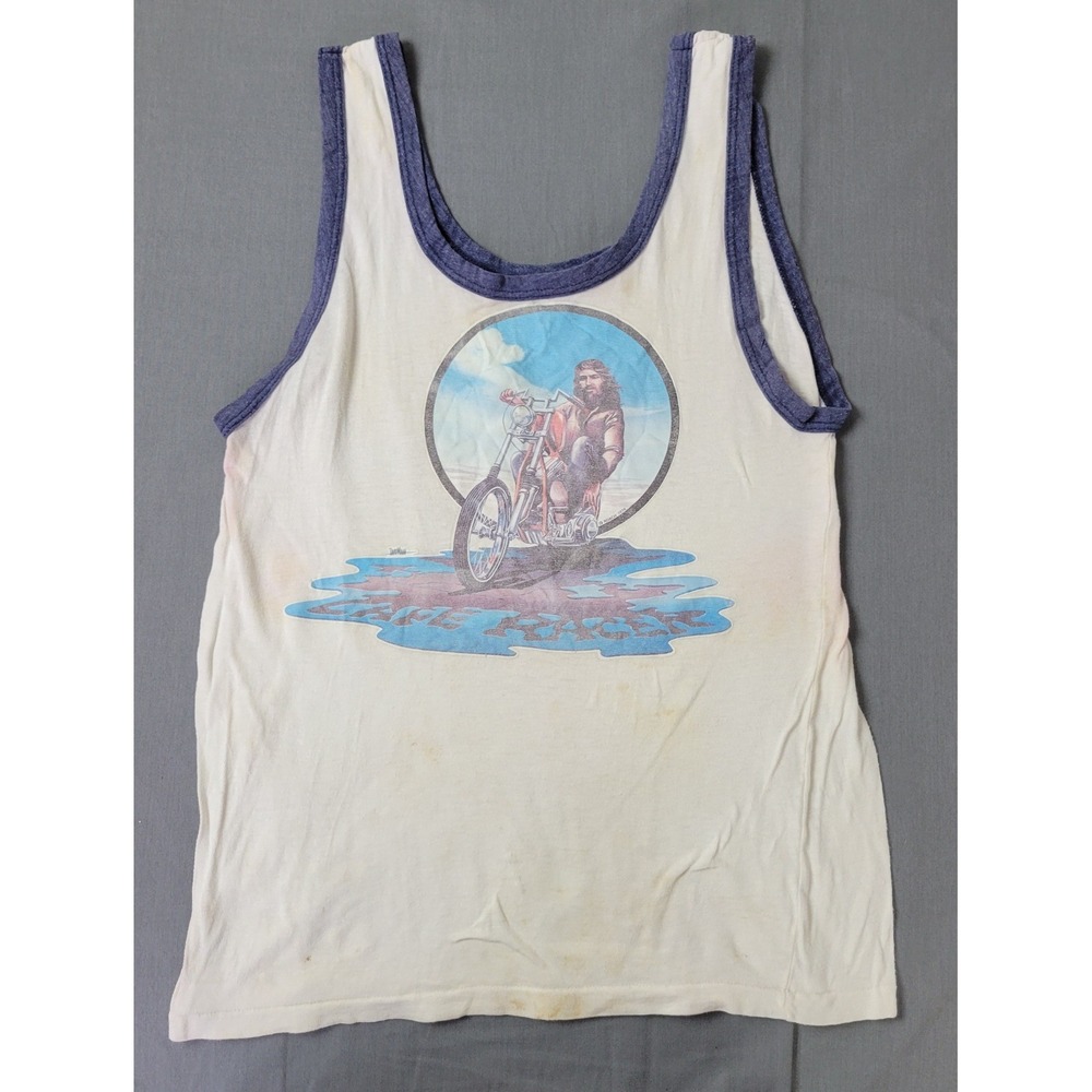 Vintage 1974 Roach Cafe Racer Tank Top Ringer Biker Chopper Cream Blue Medium
